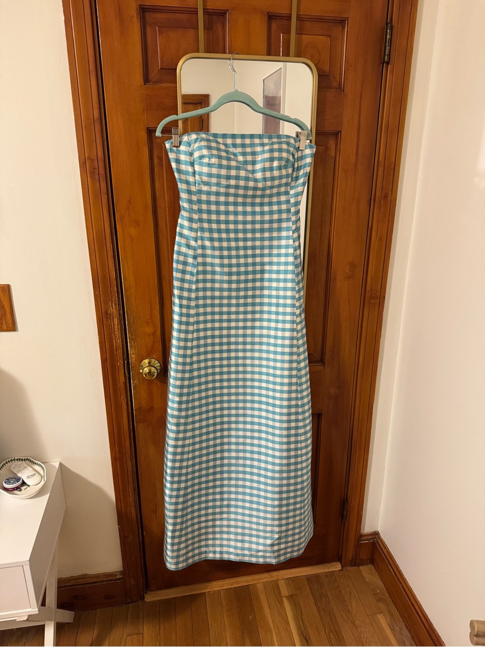 Strapless Ralph Lauren Green tag SILK Gingham Maxi Dress vintage blue white